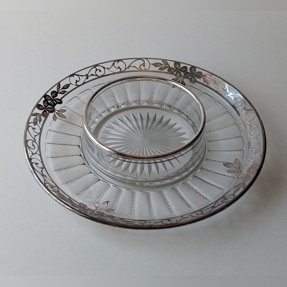 VINTAGE Silver Rimmed Glass Serving Platter